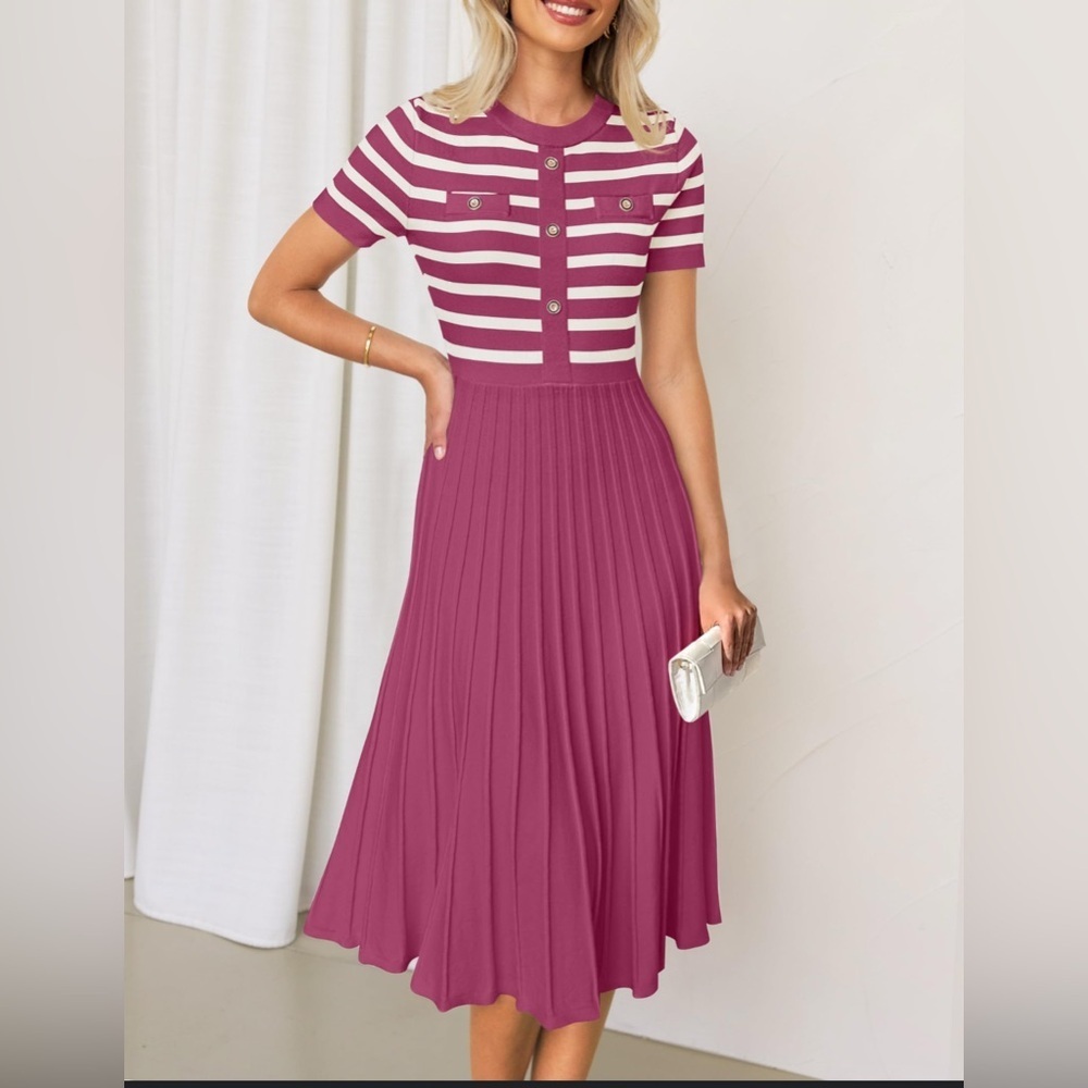 Elegant Berry Striped Midi Dress